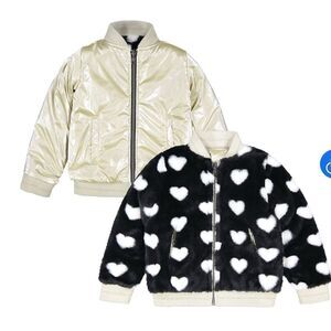 Andy & Evan Girls Reversible Bomber Jacket Faux Fur Hearts /Metallic Size 3T NWT